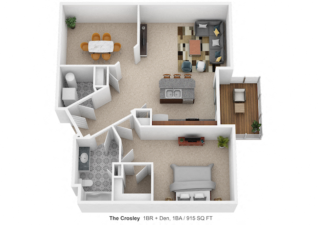 Floor plan for 1 bed, 1 bath, 915 sqft